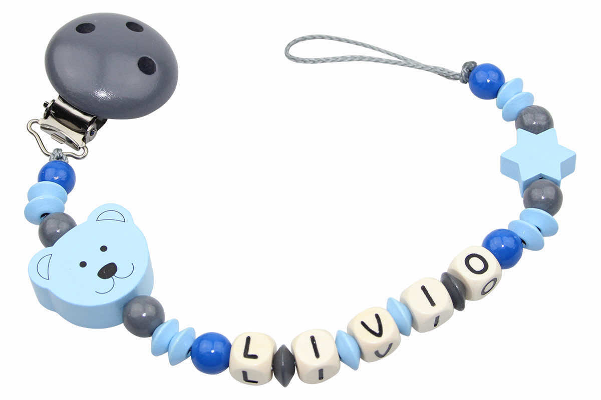 Nuggi chain with name bear:star pastel blue:gray