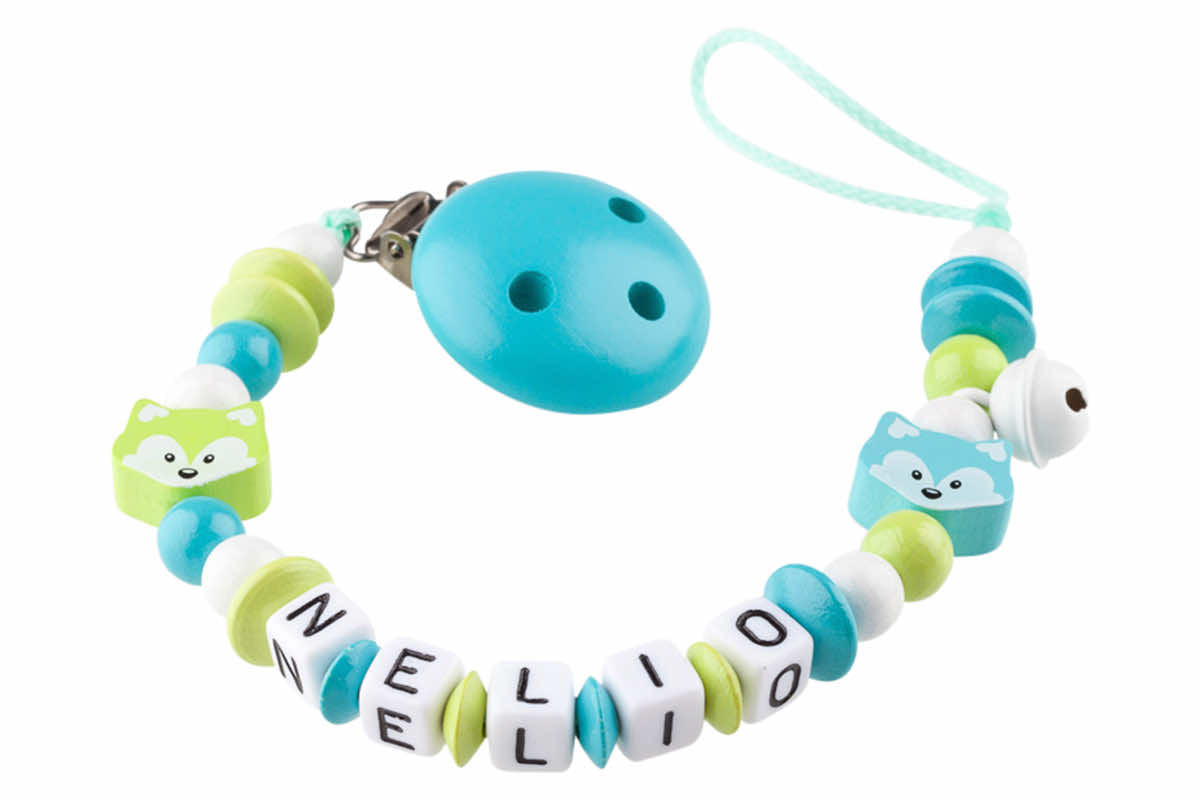 Baby pacifier chain with name fox duo lemon:turquoise