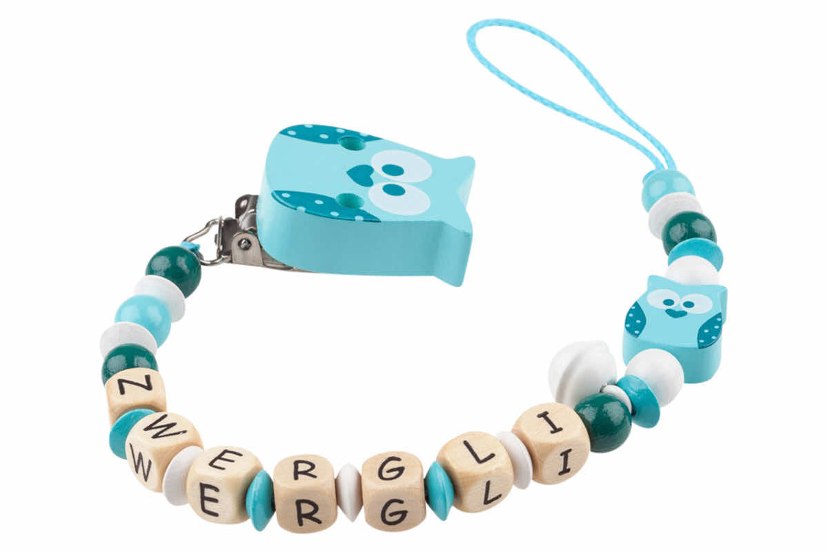 Nuggikette with name owl turquoise:white