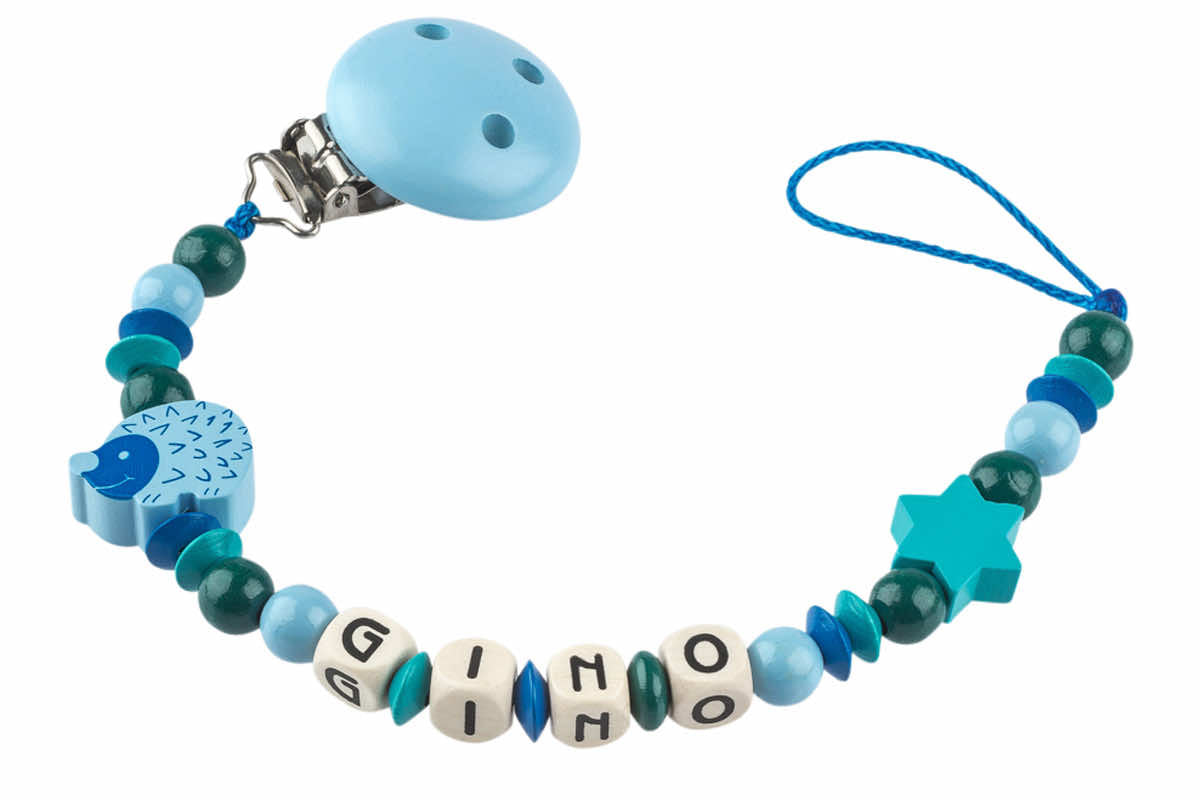 Nuggi chain with name hedgehog:star blue turquoise