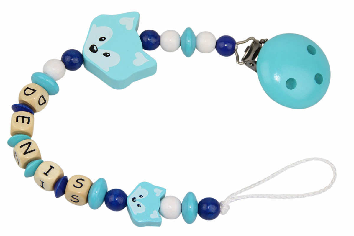 Baby pacifier chain with name fox duo turquoise