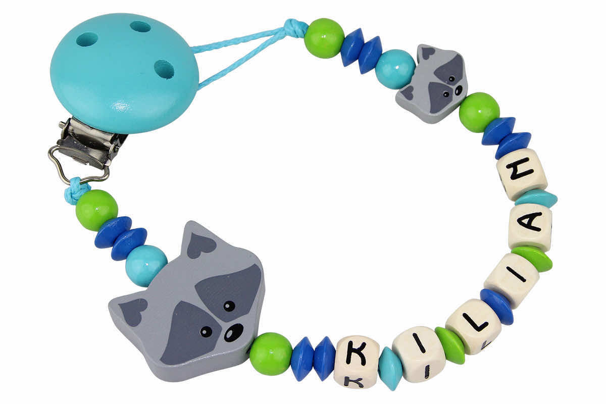 Baby pacifier chain with name raccoon blue:green:turquoise