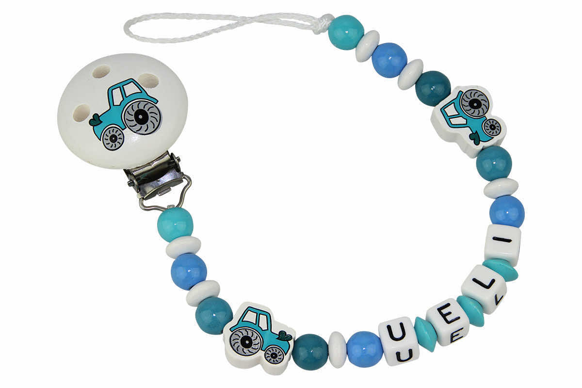 Baby pacifier chain with name tractor white:turquoise