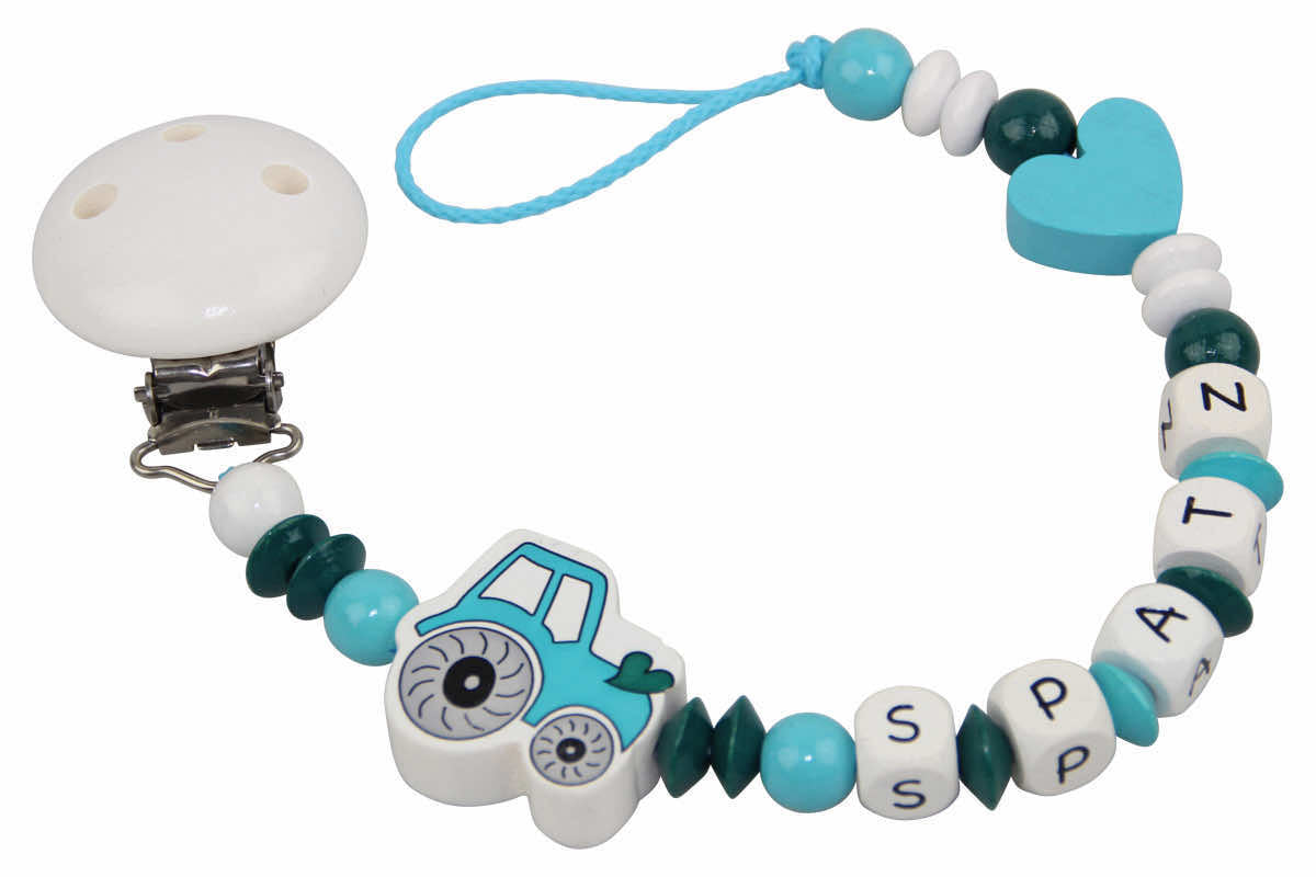Baby pacifier chain with name tractor:heart turquoise:white
