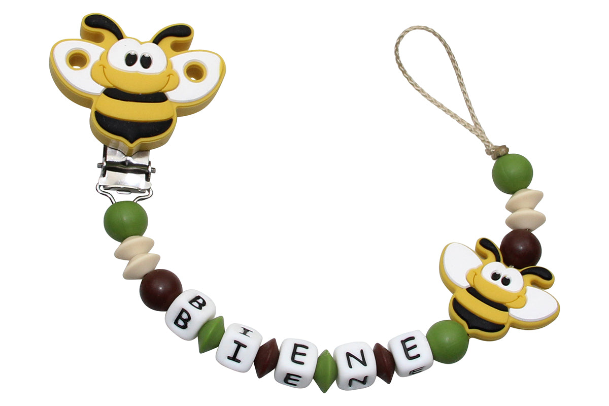 Silicone pacifier chain with name bee clip