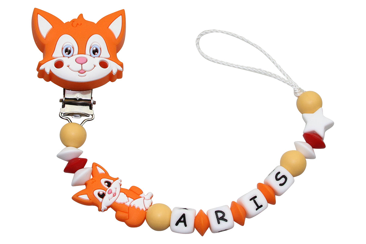 Silicone pacifier chain with name fox clip orange