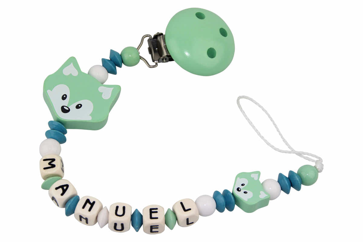 Baby pacifier chain with name fox duo mint:dark turquoise