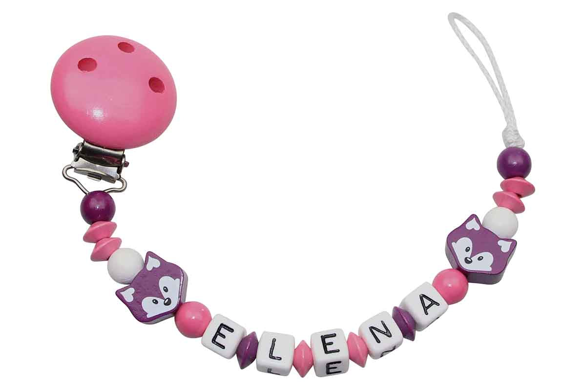 Baby pacifier chain with name fox duo dark purple:pink