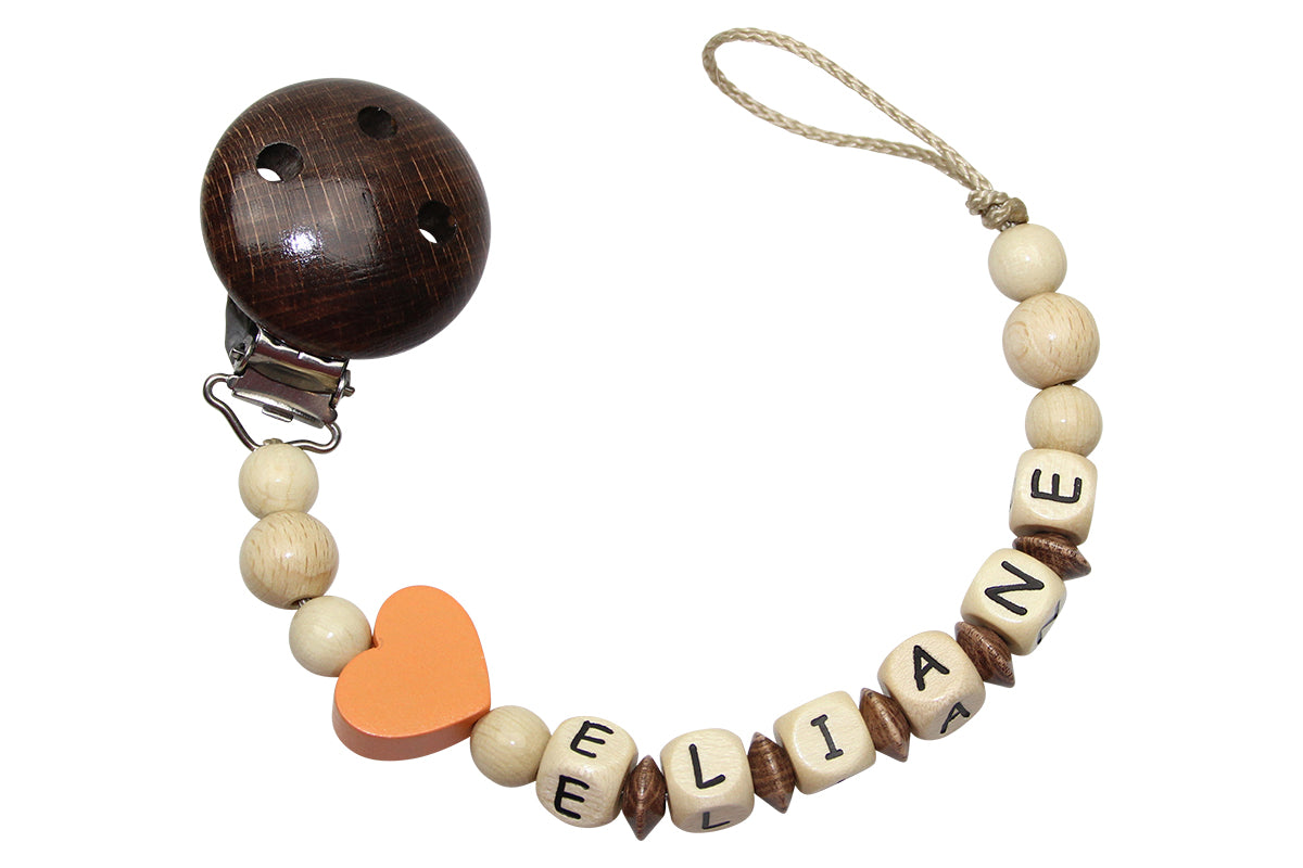 Baby pacifier chain with name heart peach:nature
