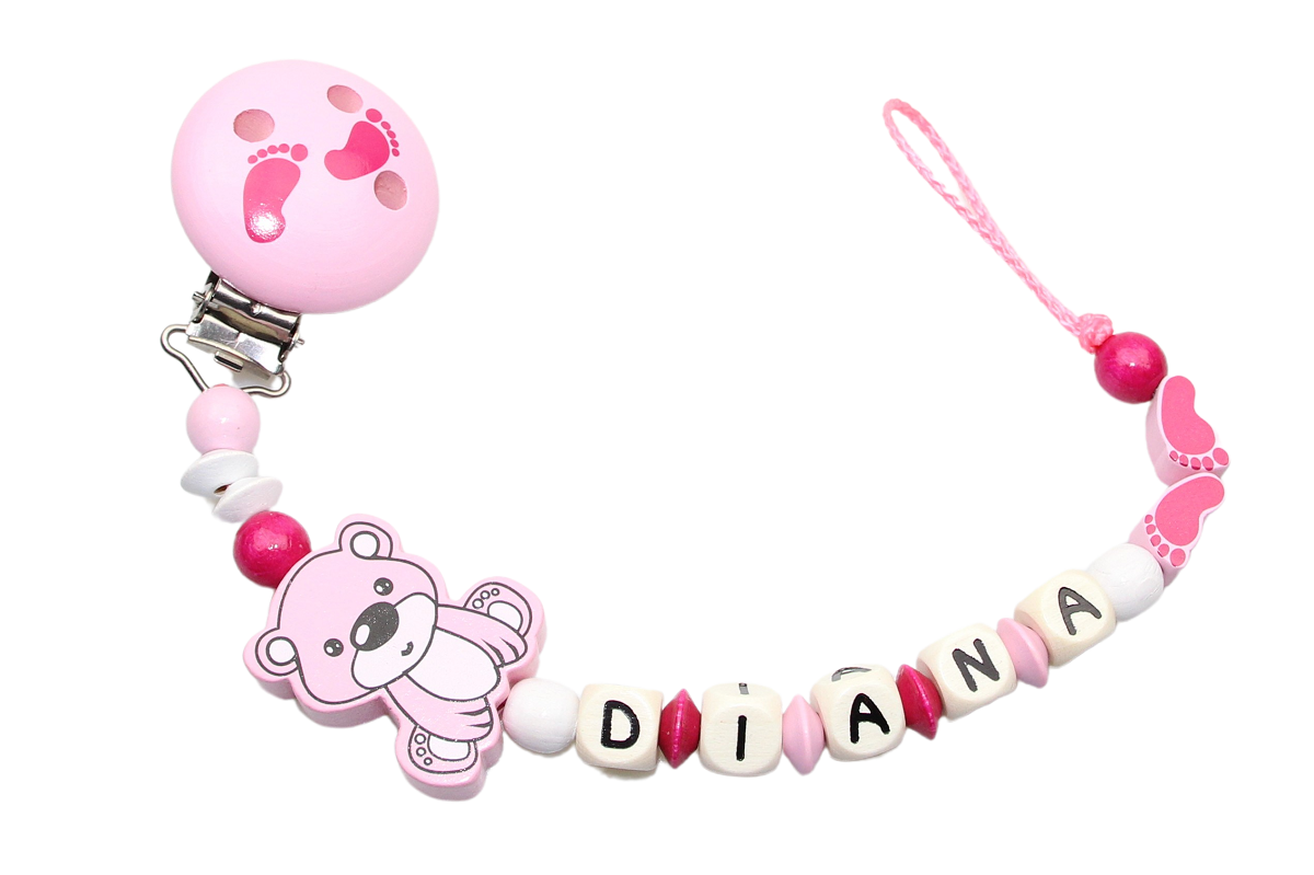 Baby pacifier chain with name teddy bear:feet pink tones