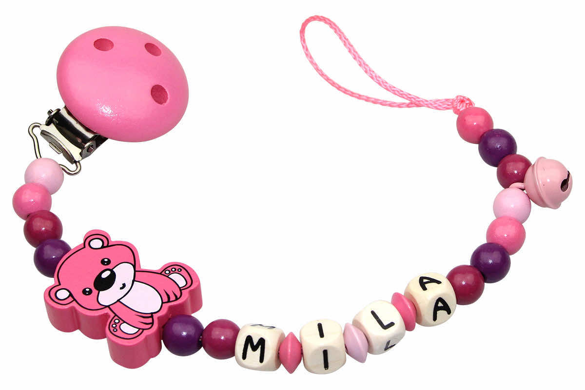Baby pacifier chain with name teddy bear pink