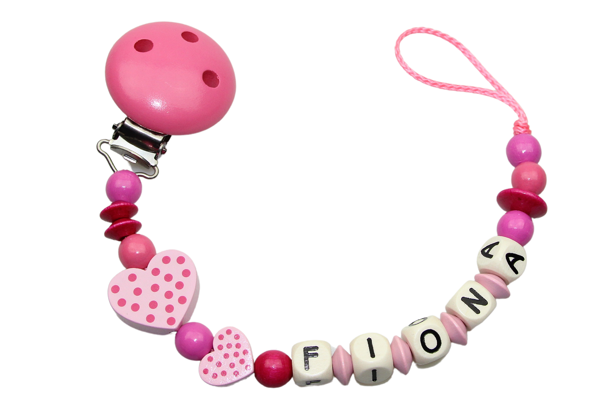 Baby pacifier chain with name polka dot hearts pink:geranium pink