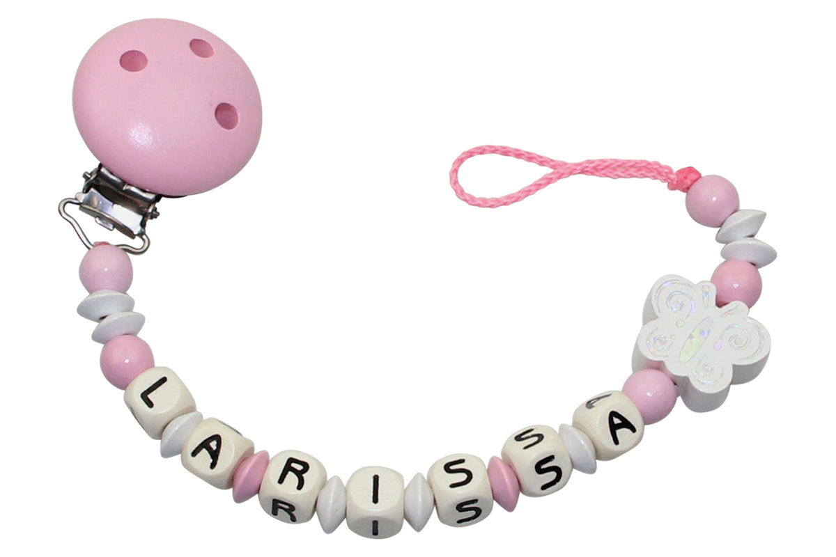 Baby pacifier chain with name glitter butterfly pastel pink:white