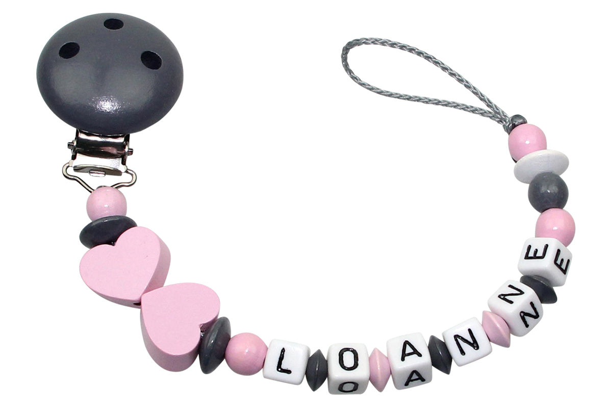 Baby pacifier chain with name heart pastel pink:dark gray