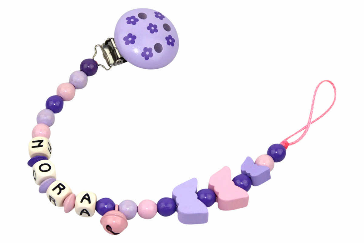 Nuggi chain with name butterflies pastel pink:lilac
