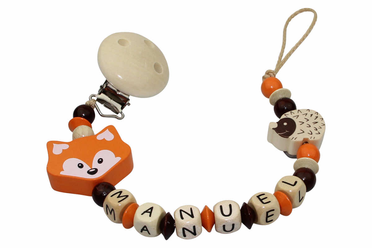 Baby pacifier chain with name fox orange:nature