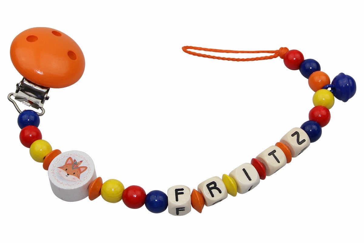 Baby pacifier chain with name fox orange:blue