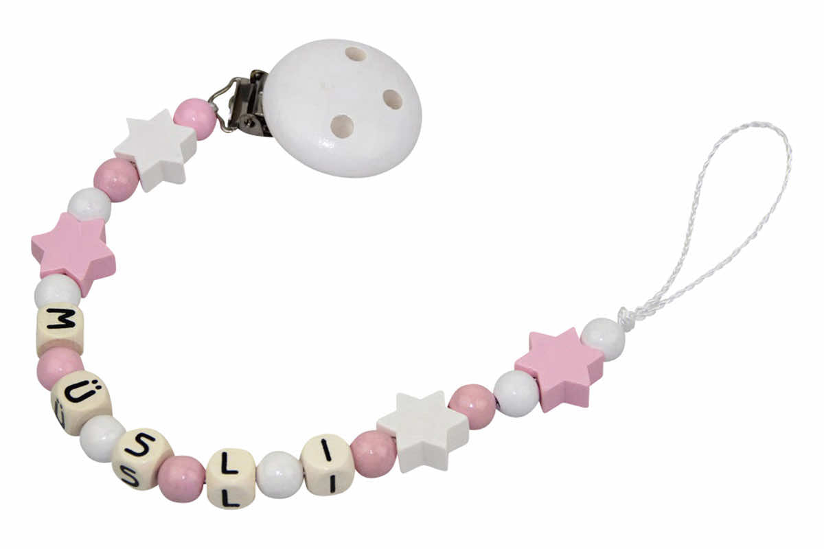 Baby pacifier chain with name star pastel pink:white