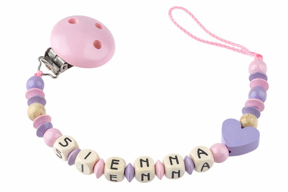 Baby pacifier chain with name heart lilac:pastel pink
