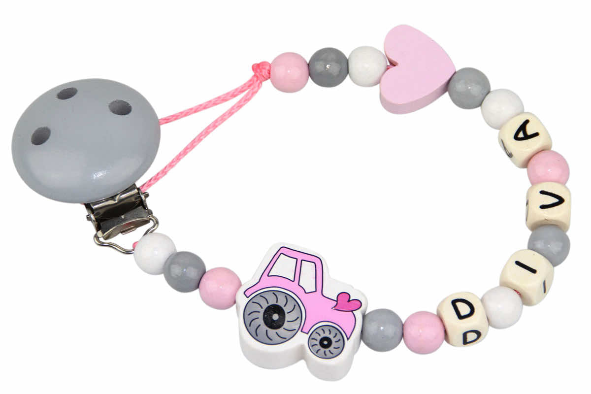 Nuggikette with name tractor gray:pastel pink