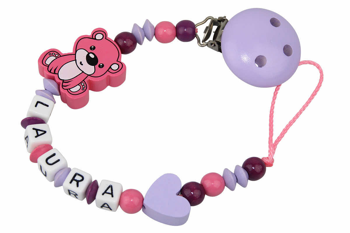 Baby pacifier chain with name teddy bear pink:lilac