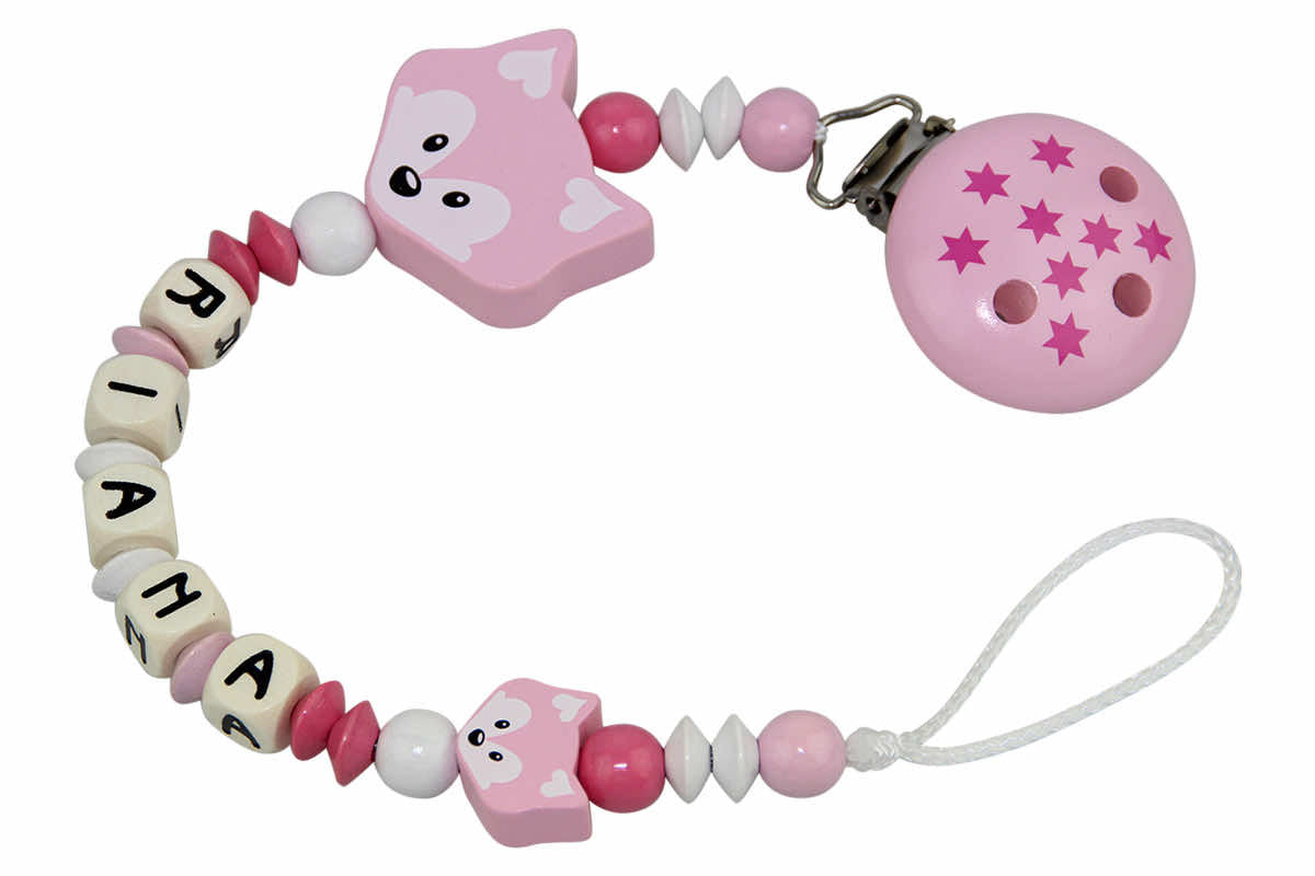 Baby pacifier chain with name fox duo pastel pink:pink