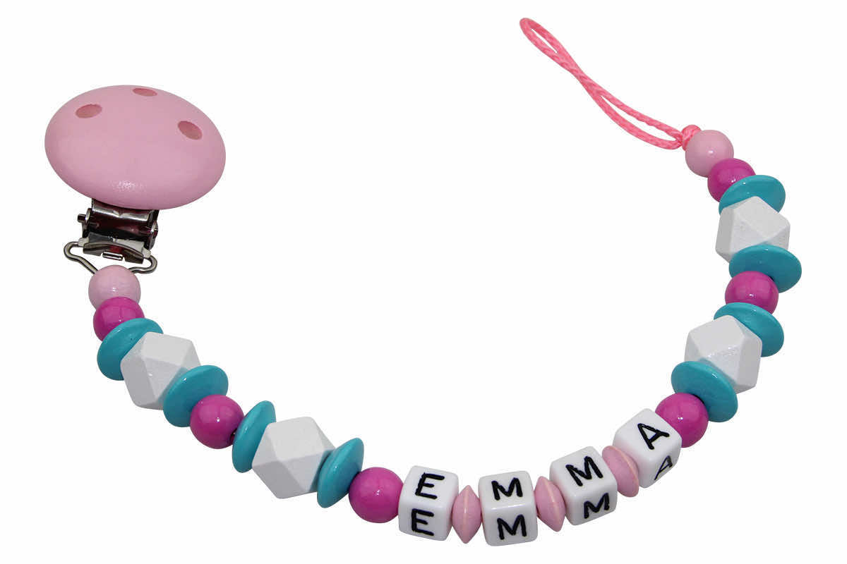 Baby pacifier chain with name Hexagon white:pink