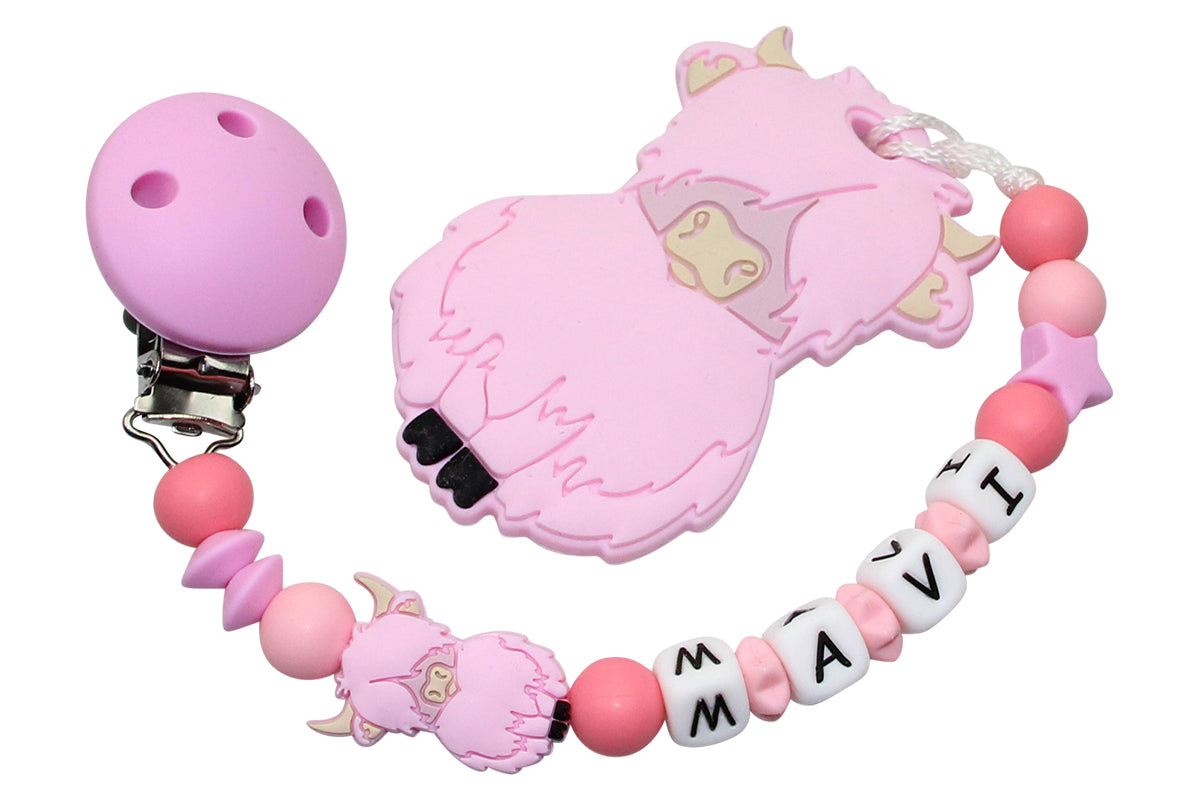 Silicone pacifier chain with name and pendant Highland cow pale pink:salmon