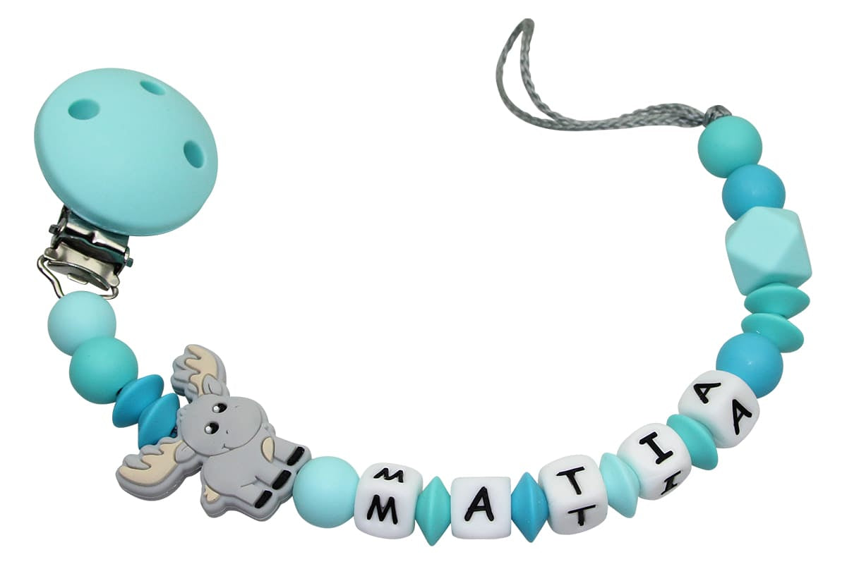 Silicone pacifier chain with name moose aqua