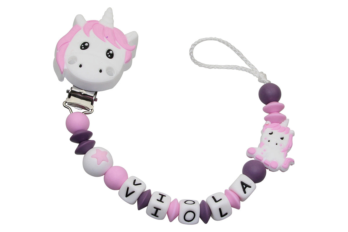 Silicone pacifier chain with name unicorn clip pale pink