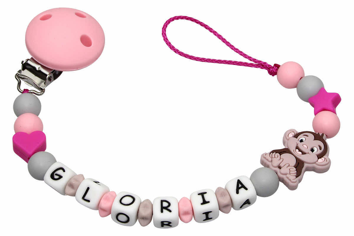 Silicone pacifier chain with name monkey pastel pink:light gray