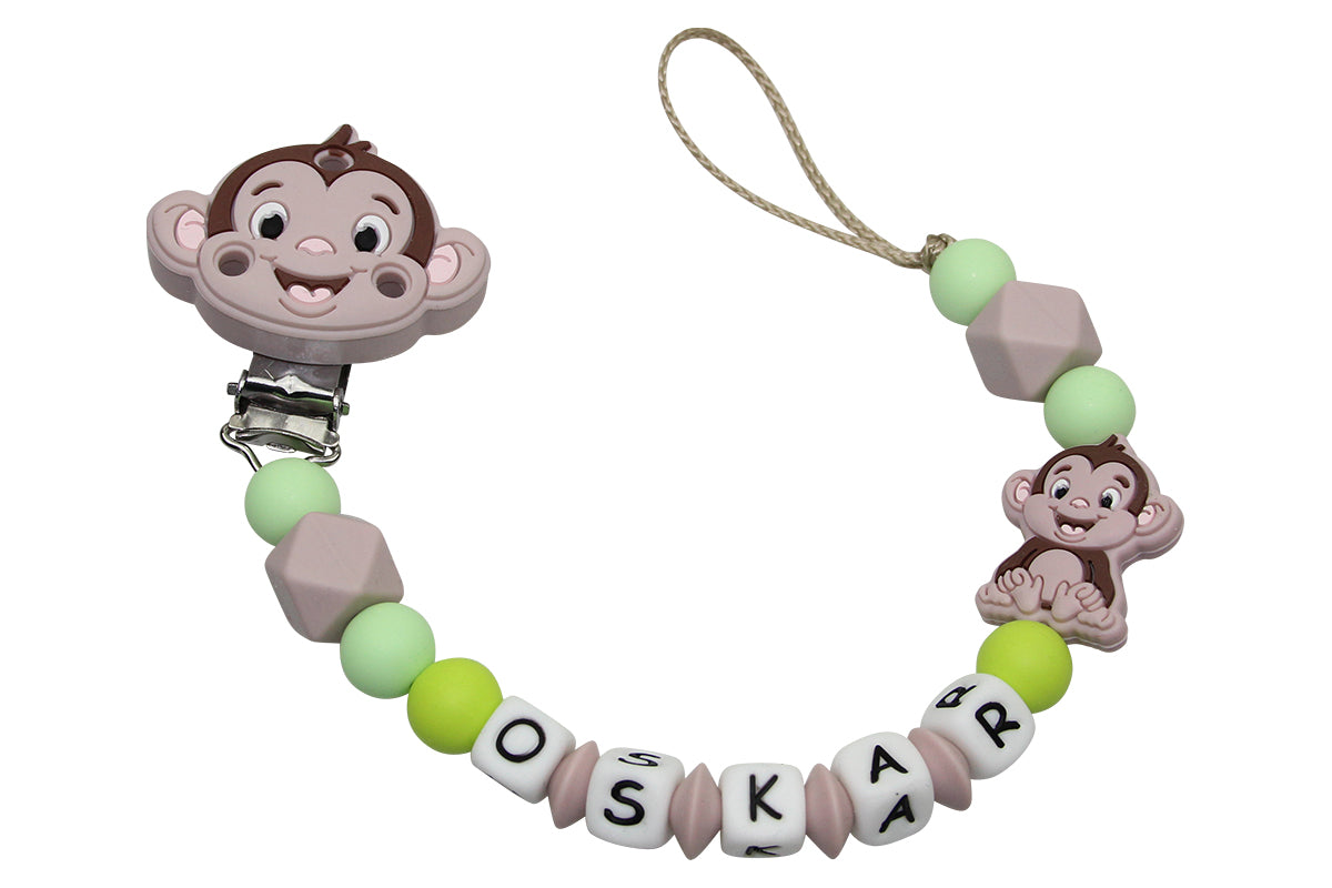 Silicone pacifier chain with name monkey clip rose brown