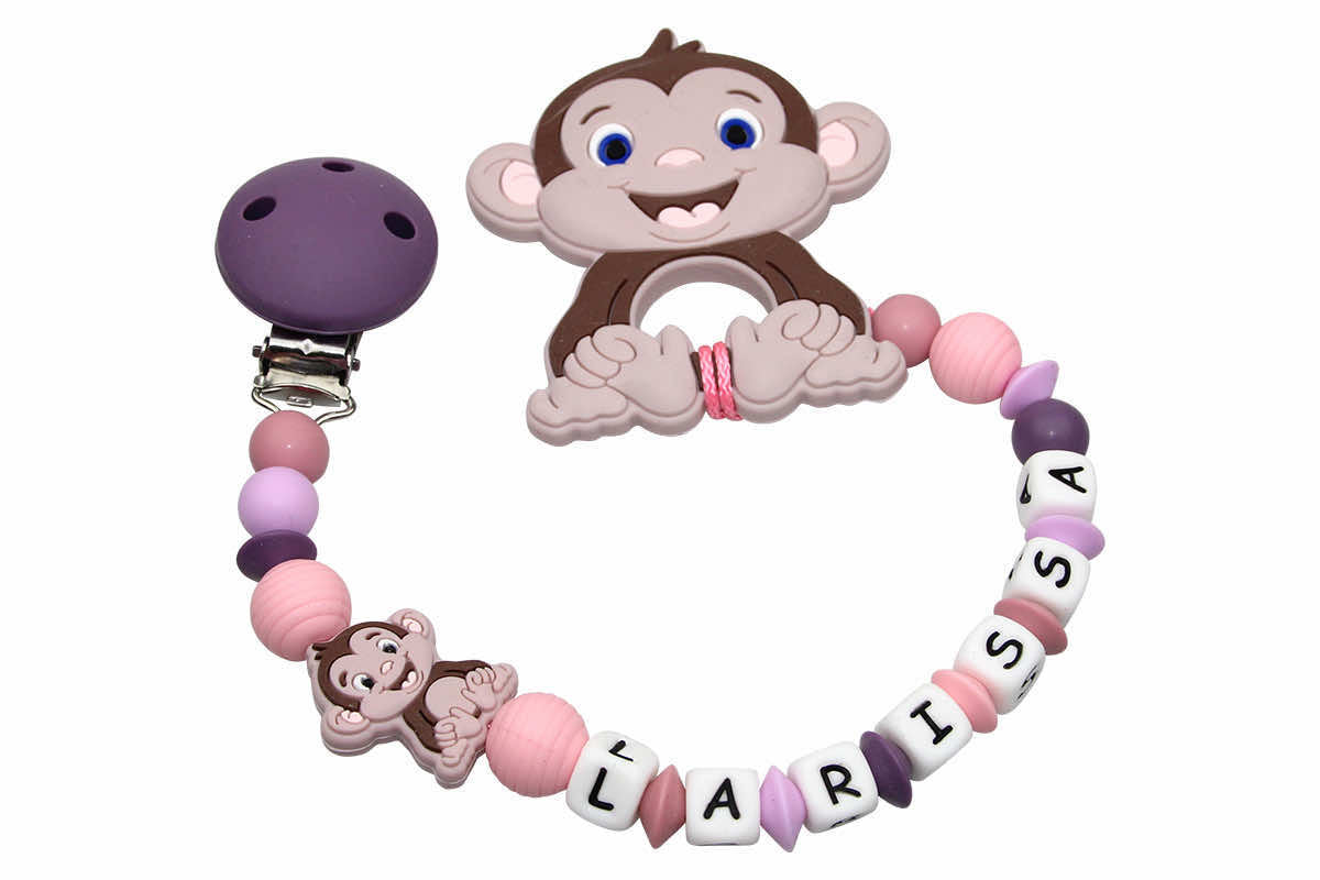 Silicone pacifier chain with name and pendant monkey pink