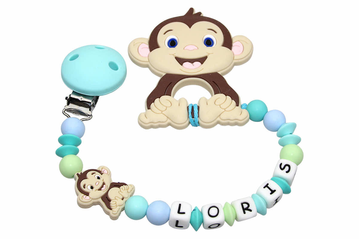 Silicone pacifier chain with name and pendant monkey aqua