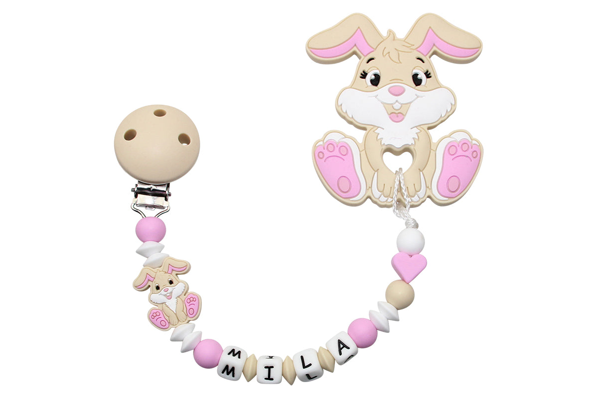 Silicone pacifier chain with name and bunny pendant beige:pale pink