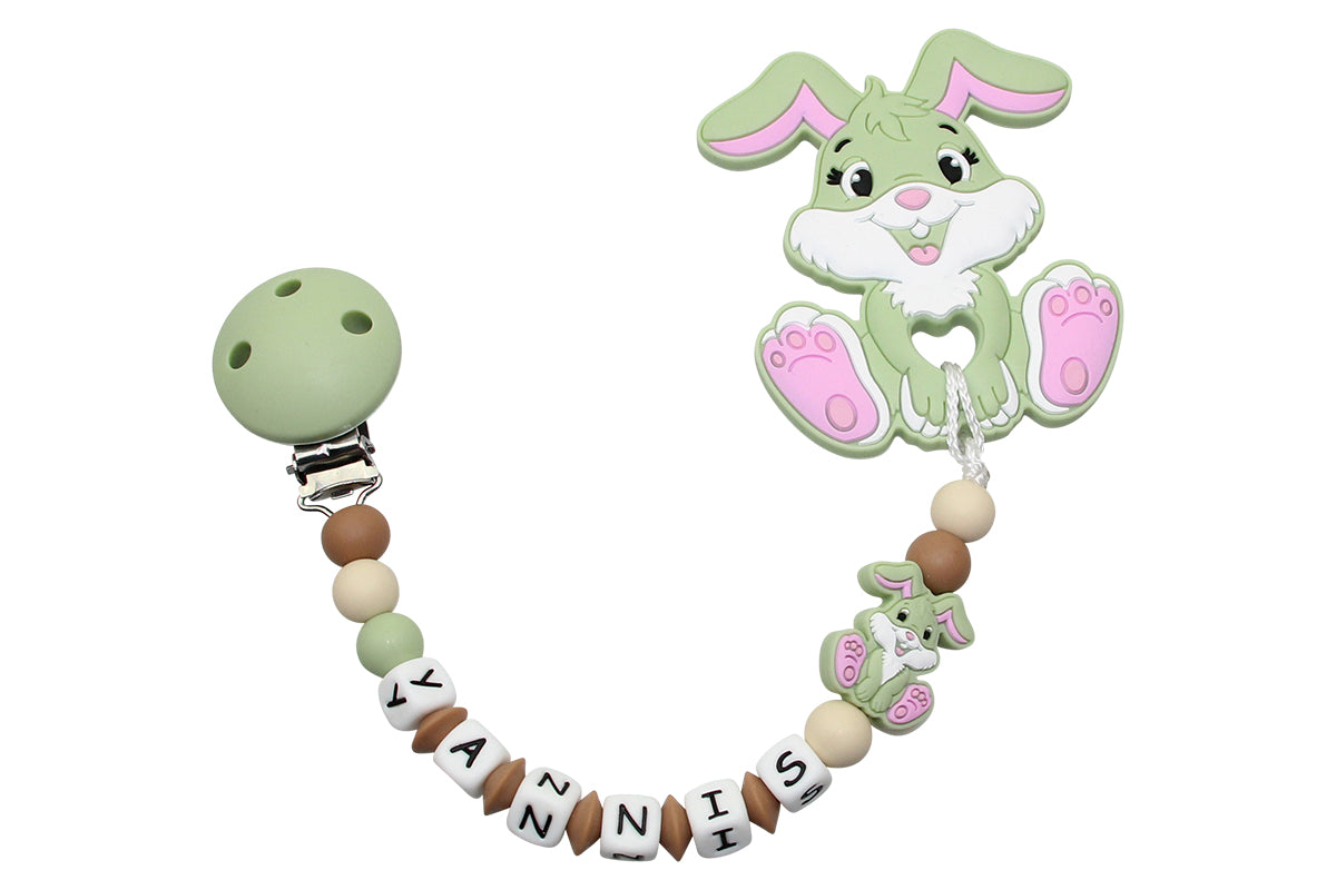 Silicone pacifier chain with name and bunny pendant lime green:camel