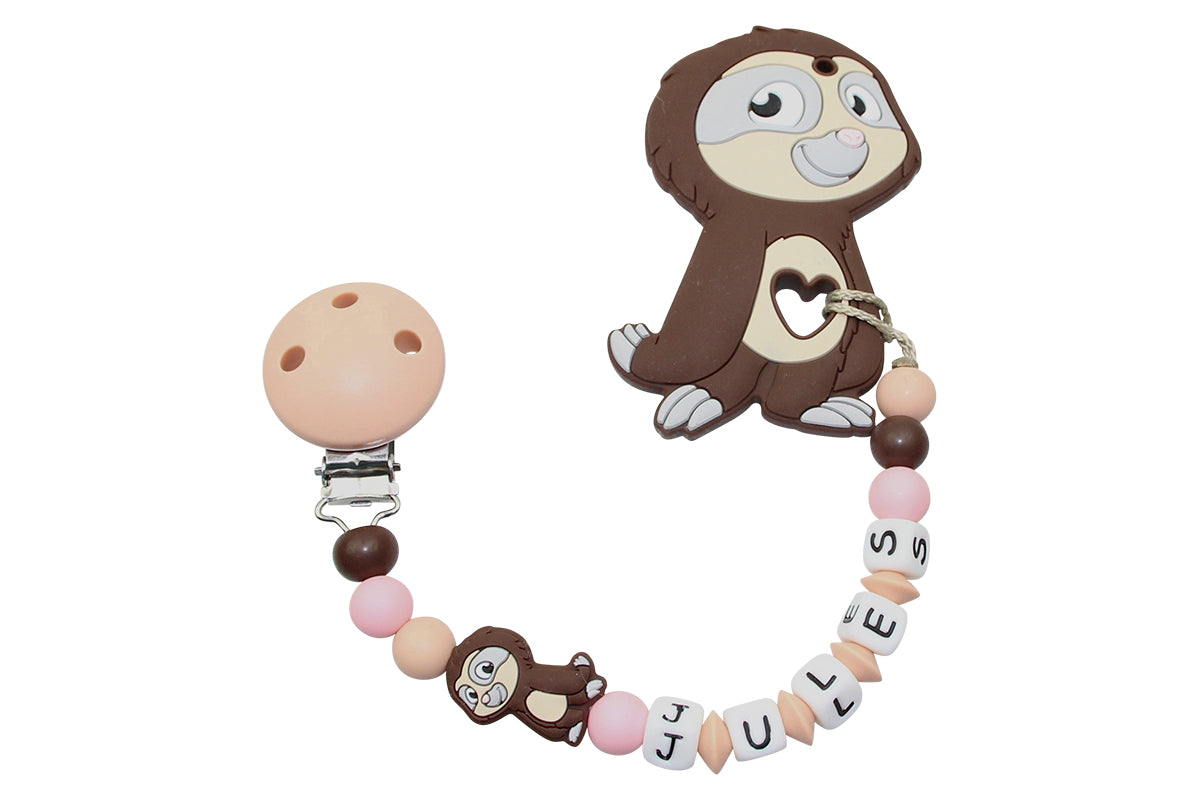 Silicone pacifier chain with name and sloth pendant peach:pastel pink