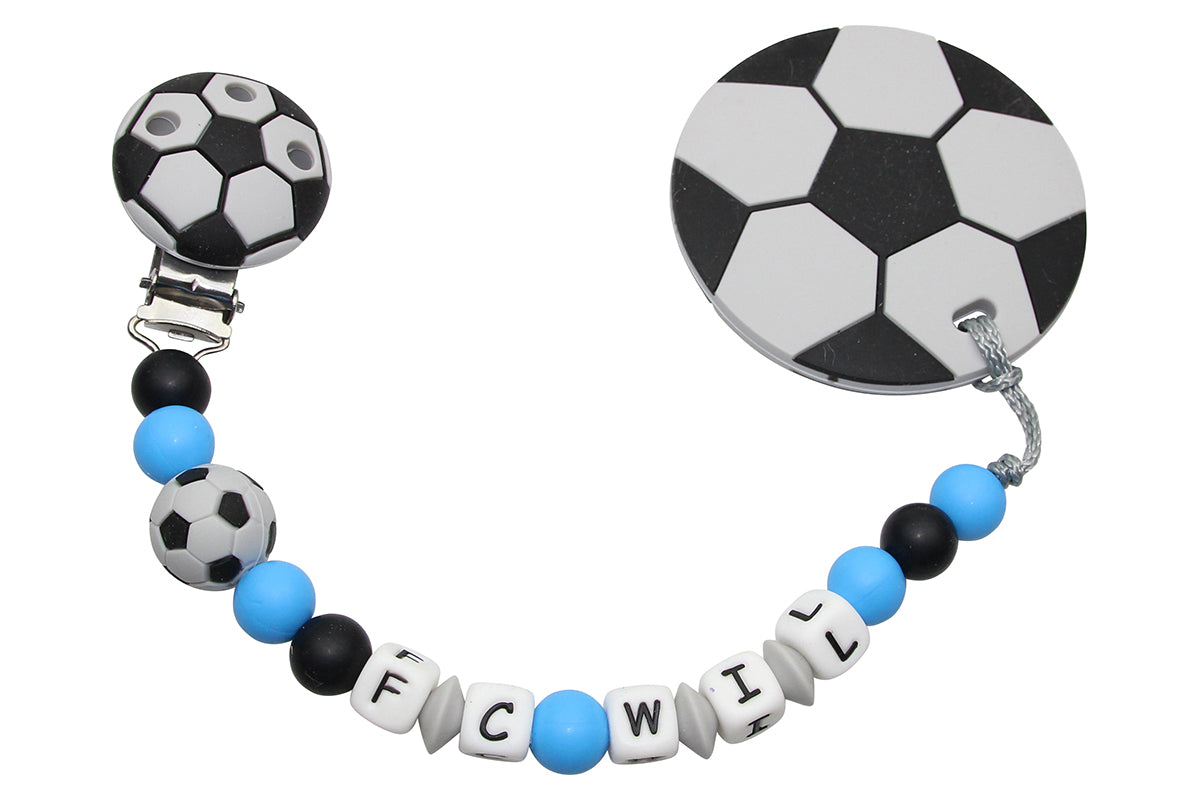 Silicone pacifier chain with name and football pendant light gray