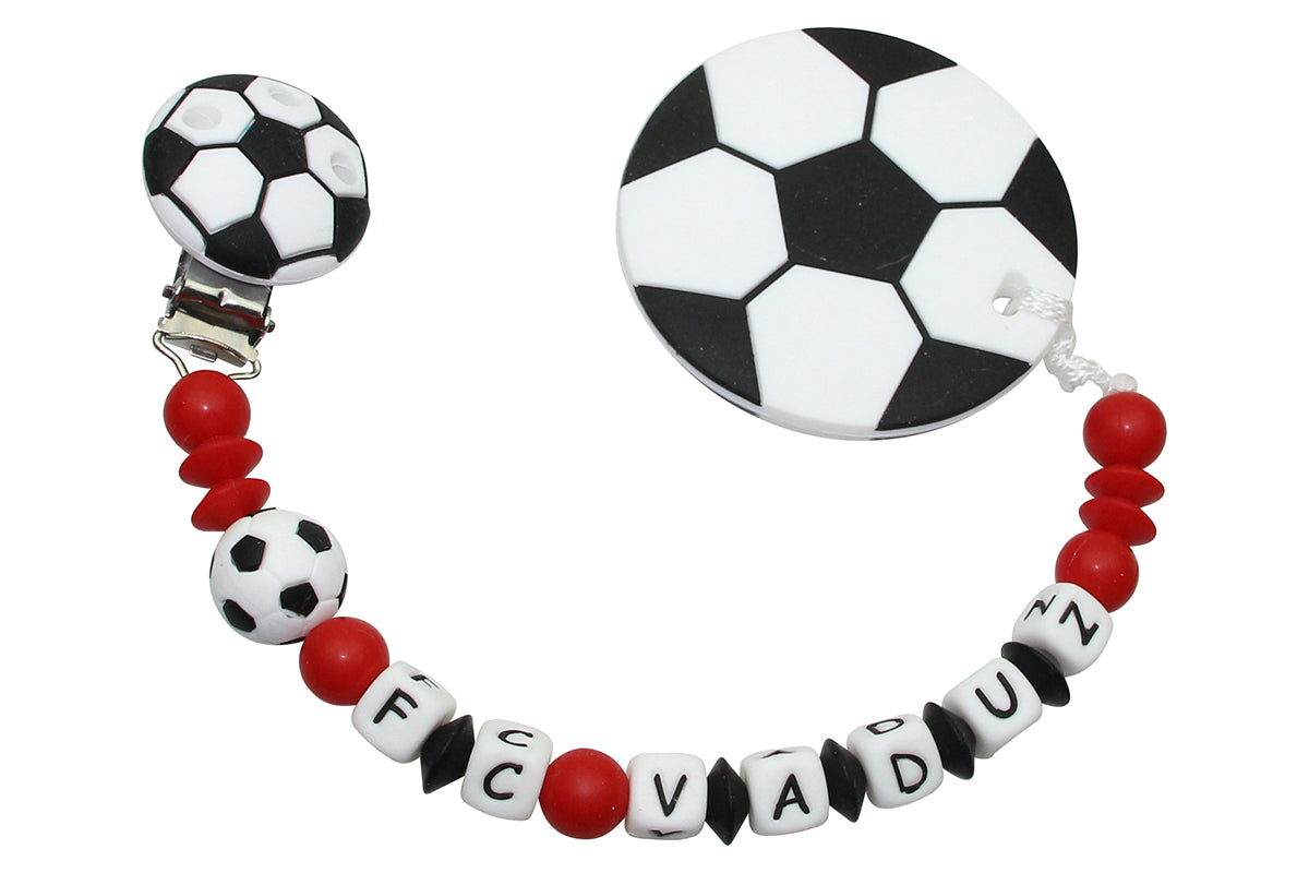 Silicone pacifier chain with name and football pendant white:red