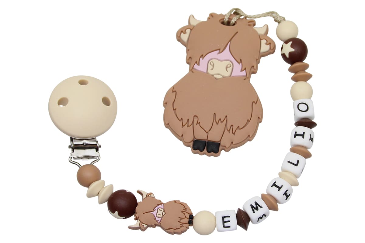 Silicone pacifier chain with name and pendant Highland cow beige:camel