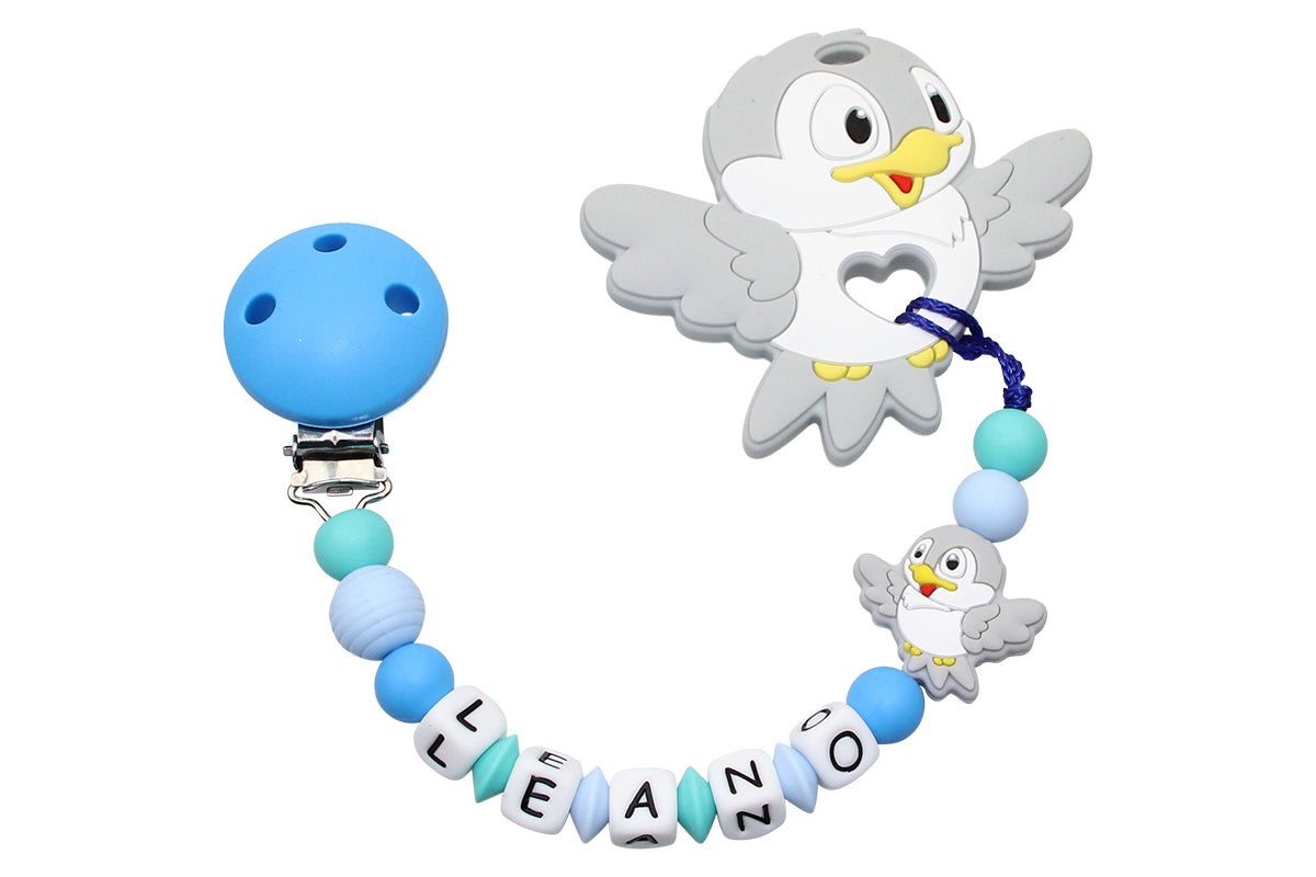 Silicone pacifier chain with name and bird pendant light blue:aqua