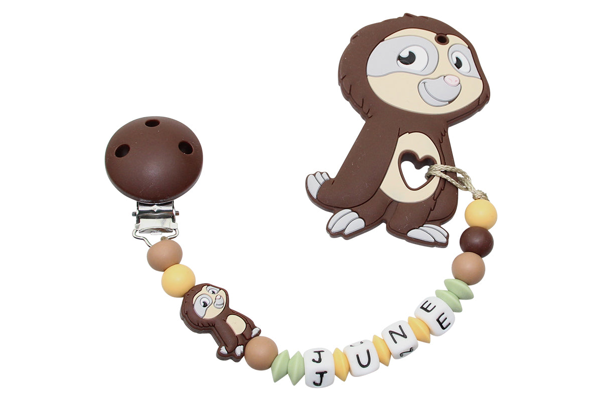 Silicone pacifier chain with name and pendant sloth brown:mustard yellow