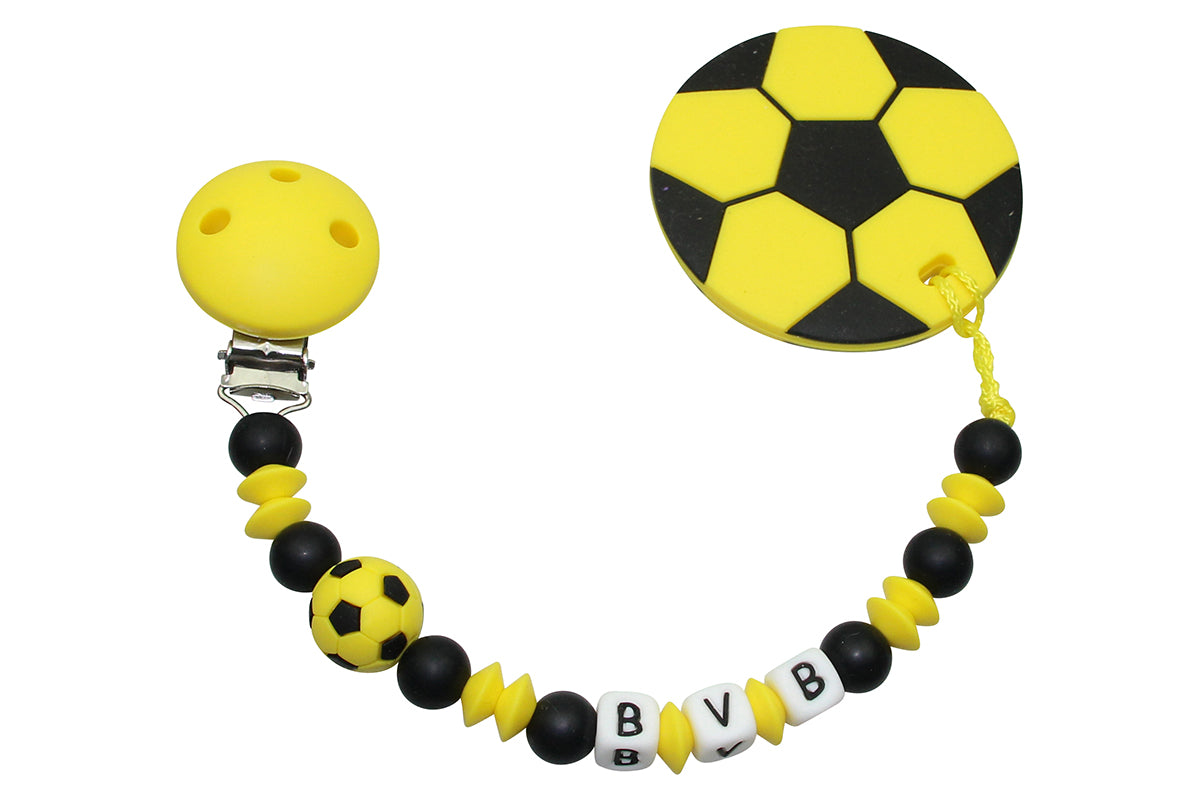 Silicone pacifier chain with name and football pendant yellow:black