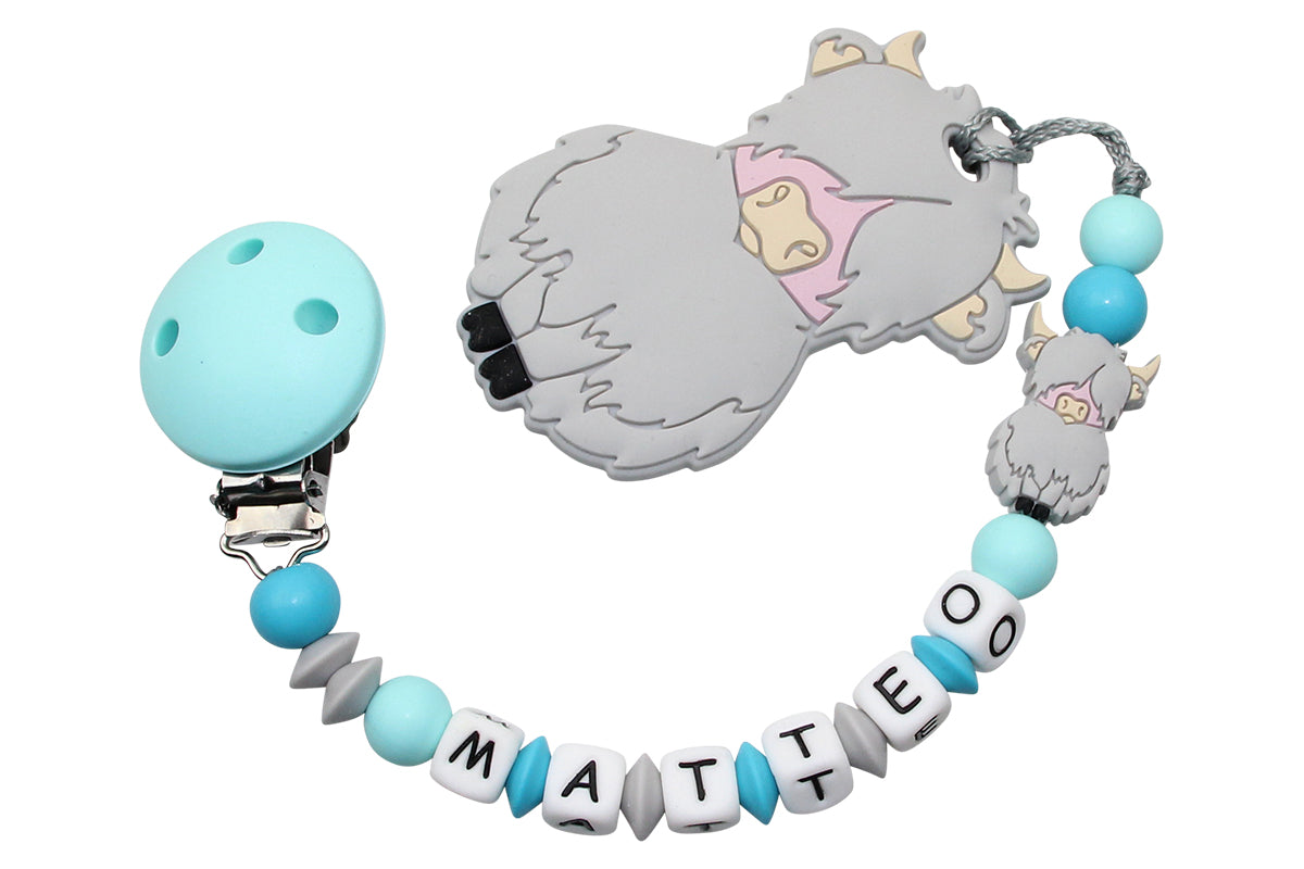 Silicone pacifier chain with name and pendant Highland cow aqua:light gray