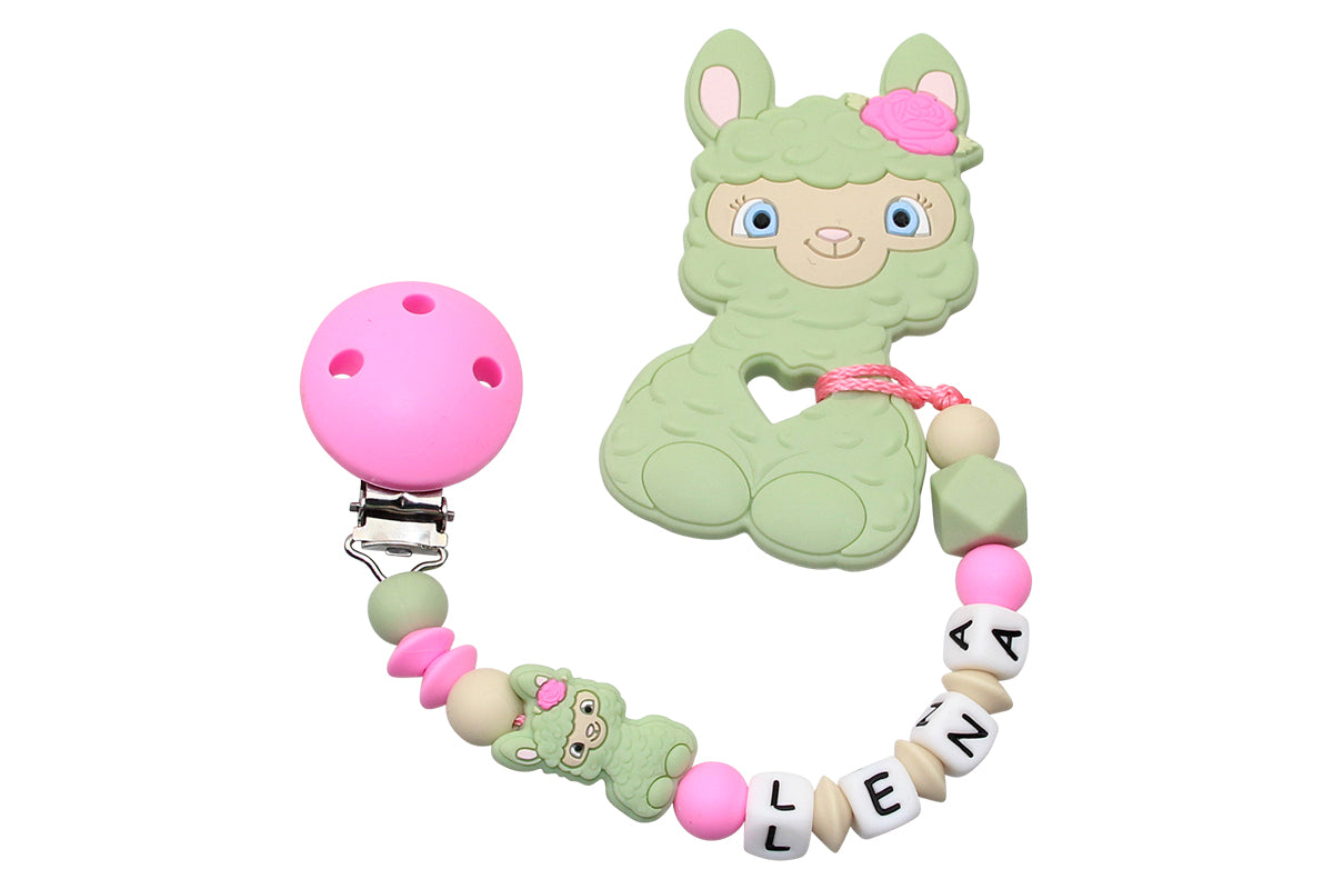 Silicone pacifier chain with name and llama pendant lime green:pink