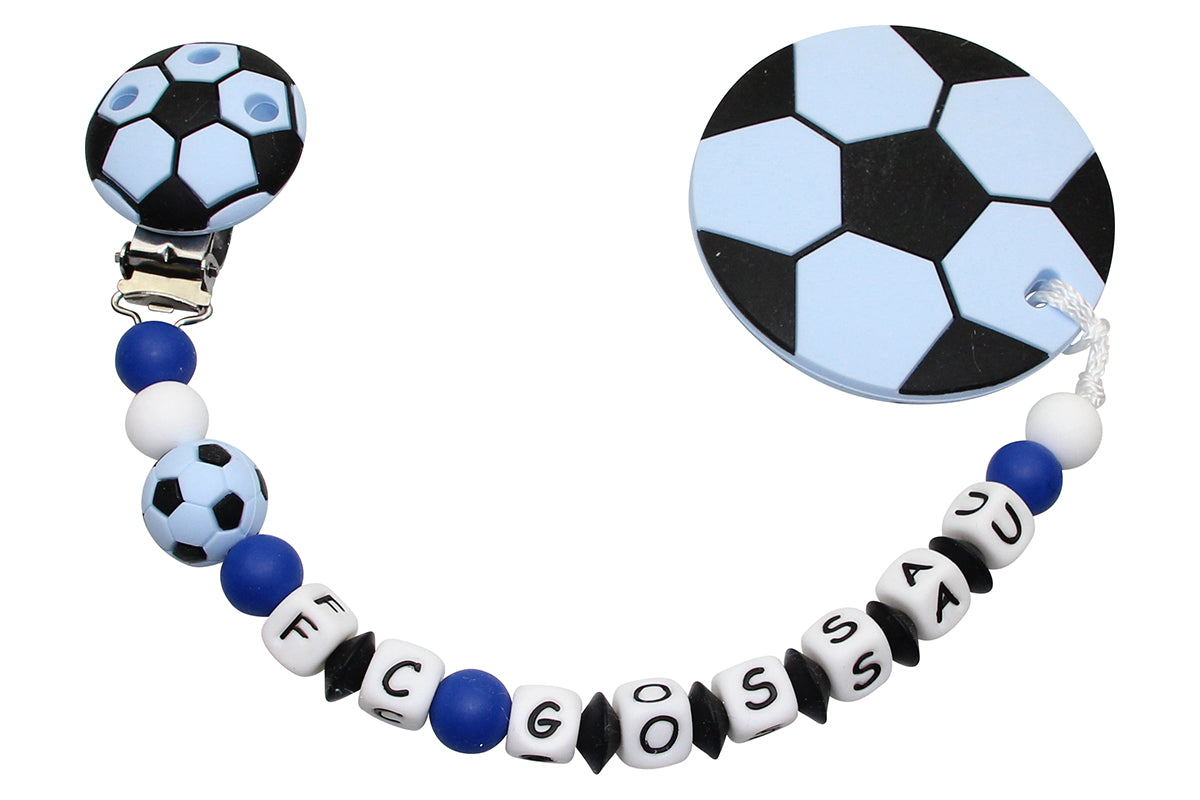 Silicone pacifier chain with name and football pendant pastel blue:royal blue