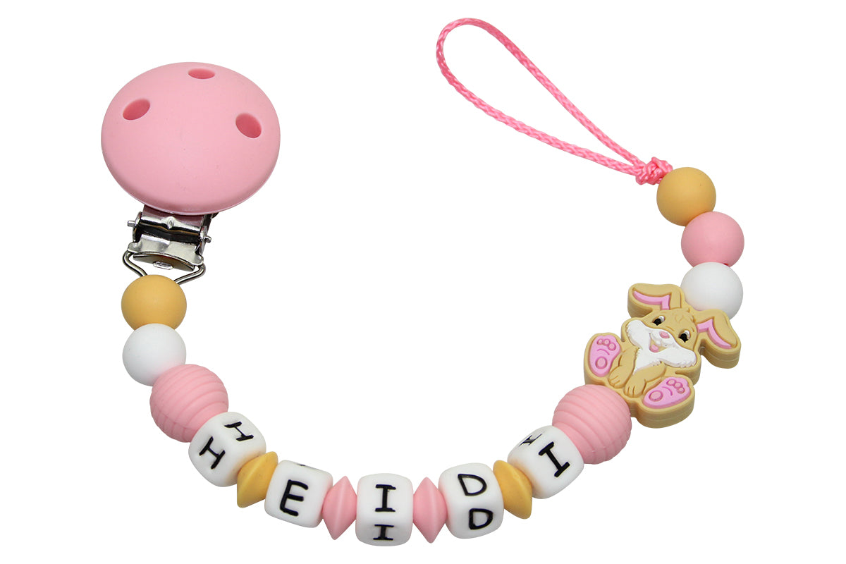 Silicone pacifier chain with name Bunny pastel pink:mustard yellow