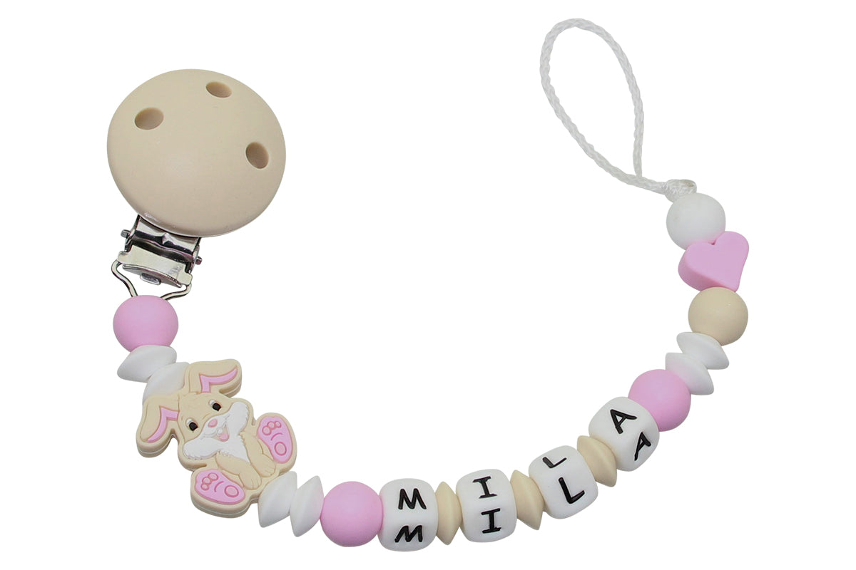 Silicone pacifier chain with name Bunny beige:pale pink
