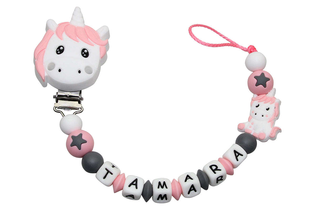 Silicone pacifier chain with name unicorn clip pastel pink