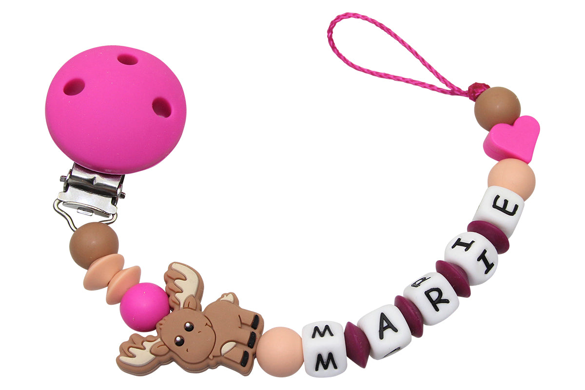 Silicone pacifier chain with name moose dark pink